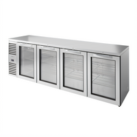 True Premier Bar 108-Inch Four-Section Refrigerated Back Bar Cooler with Stainless Steel Top and Locking Glass Doors