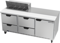 Beverage-Air 72-Inch Three-Section Sandwich Top Refrigerated Counter with 8-Pan Top, 4 Drawers, and 1 Door