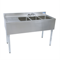 BK Resources Three-Compartment Underbar Sink with Left Drainboard, Faucet, and Backsplash