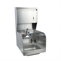 BK Resources Space Saver Wall-Mount Hand Sink with Faucet, Towel and Soap Dispensers, Dual Side Splashes, 9 x 9 Bowl