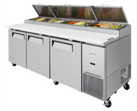 Turbo Air Super Deluxe Three-Section Pizza Prep Table with Self-Cleaning Condenser, 31 Cu. Ft., 93-1/8-Inch Wide