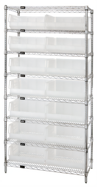 Quantum Chrome Plated Stationary Bin Wire Shelving System with 8 Shelves and 14 Clear Bins, 36W x 14D x 74H