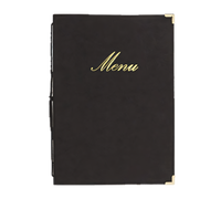 Securit Classic Sewn 10 x 13 Black Faux Leather Booklet Menu Cover with Gold Lettering