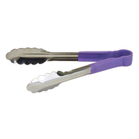Winco Allergen-Free 12-Inch Stainless Steel Utility Tongs with Purple Polypropylene-Coated Handle