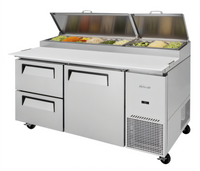 Turbo Air Super Deluxe 67-Inch Two-Section Pizza Prep Table with 1 Door, 2 Drawers, and 20 Cu. Ft. Capacity