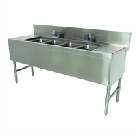 Prestige Supreme 4-Compartment Stainless Steel Underbar Sink Unit with Drainboards and Deck-Mount Faucets, 84 x 25 Inches