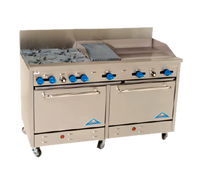 60-Inch Stainless Steel Commercial Gas Range with 4 Open Burners, 24-Inch Griddle, 12-Inch Char-Broiler, and 2 Ovens