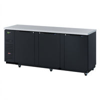 Turbo Air Super Deluxe 3-Door Three-Section Back Bar Cooler, 90-1/4 Inch Wide, Self-Contained Side-Mount, Black Exterior
