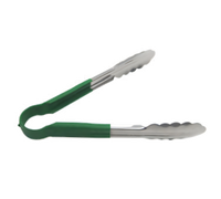 10-Inch One-Piece Scalloped Edge Utility Tongs with Green Poly-Coated Handle