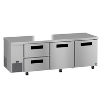 Hoshizaki Steelheart Three-Section Undercounter Reach-In Refrigerator with 2 Solid Doors and 2 Drawers, 93 Inch