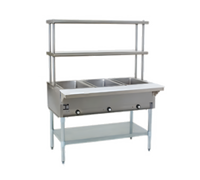 Eagle Group 63-1/2 Inch Stationary Electric Open-Base Hot Food Table with 4 Dry Wells and Double-Tier Flex-Master Overshelves