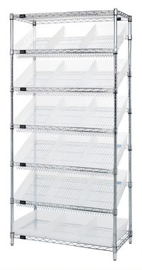 Quantum Stationary Wire Shelving Bin Storage Unit with 18 Clear Bins, 36 x 18 x 74 Inches, Chrome Plated Finish