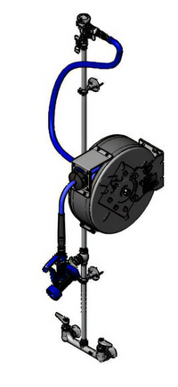T&S Brass Enclosed Coated 30-Foot 3/8-Inch Hose Reel Assembly with Exposed Piping and 8-Inch Wall-Mount Mixing Faucet