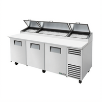 True 93.5-Inch 3-Section Pizza Prep Table with 12-Pan Top and Side-Mounted Self-Contained Refrigeration