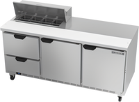 Beverage-Air 72-Inch Three-Section Sandwich Top Refrigerated Prep Table with 8-Pan Opening, 2 Drawers, and 2 Doors
