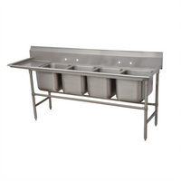 Advance Tabco Regaline 4-Compartment Stainless Steel Sink with Left-Hand Drainboard, 20 x 20 x 14 Inch Bowls