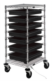 Conductive Mobile Bin Cart with 7 Black Dividable Grid Containers, 2 Wire Shelves, 21 x 24 x 45 Inches, Chrome Finish