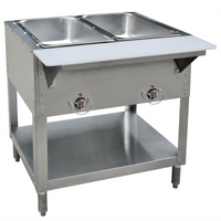 BK Resources Two-Well Propane Stainless Steel Open-Well Steam Table with Cutting Board Shelf and Adjustable Undershelf