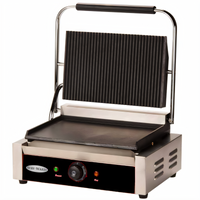 Serv-Ware Single Countertop Electric Panini Grill with Grooved Top and Flat Bottom