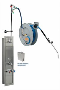 T&S Brass 50-Foot Open Retractable Hose Reel with Stainless Steel Surface-Mount Cabinet, Mixing Valve and Vacuum Breaker