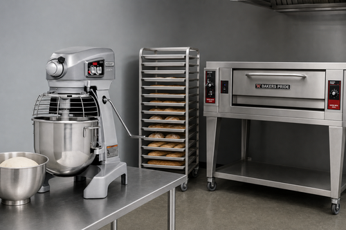 Commercial bakery with Hobart planetary mixer, sheet pan rack of baguettes, and Bakers Pride Super Deck Y-600 gas deck oven