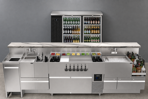 Modern commercial bar with Krowne underbar workstation, ice bin, draft taps, and Continental back-bar refrigeration