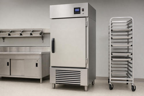 Commercial blast chiller beside a sheet-pan rack in a bright commissary kitchen