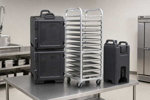 Stacked Cambro Ultra Pan Carriers, sheet pan rack, and insulated Camtainer beverage dispenser staged on a stainless steel commercial catering table