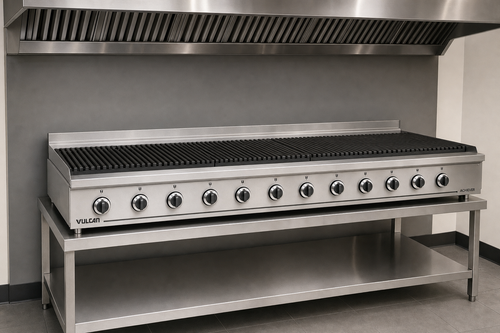 Vulcan VACB60 radiant commercial charbroiler beneath a Type I hood
