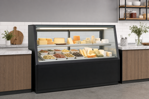 Federal Industries straight-glass refrigerated deli service case in a clean delicatessen