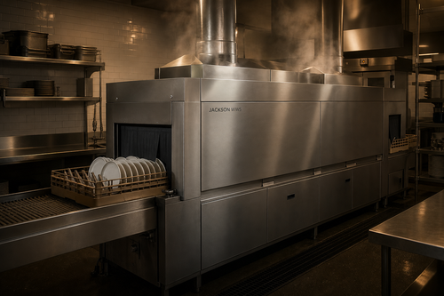 Jackson WWS commercial conveyor dishwasher running in a busy restaurant dishroom