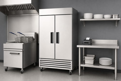 Modern commercial restaurant kitchen with fryer, reach-in refrigerator, and prep table