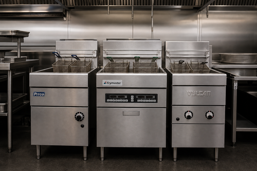 Pitco, Frymaster, and Vulcan commercial gas fryers lined up side by side on a professional kitchen fry line