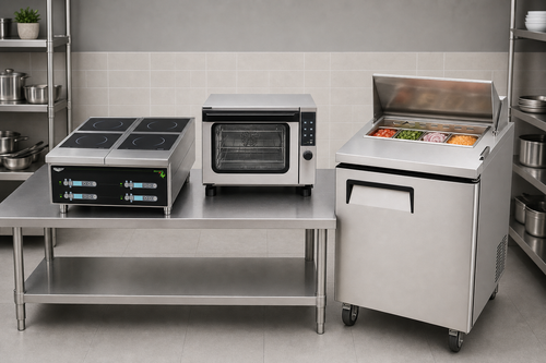 Compact ghost kitchen line with Vollrath Cayenne induction range, Atosa CookRite convection oven, and Atosa sandwich prep table in a bright commercial kitchen