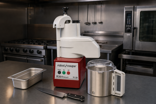 Robot Coupe R301 commercial combination food processor on a stainless steel prep counter