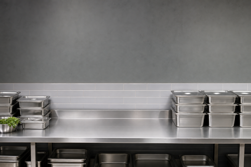 Clean commercial kitchen staging bench with organized covered pans