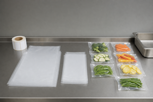 Vacuum packaging planning station with clear pouches and portioned vegetables