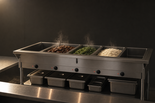 Five-pan electric commercial steam table on a stainless serving line with steaming wells of braised beef, green beans, and rice