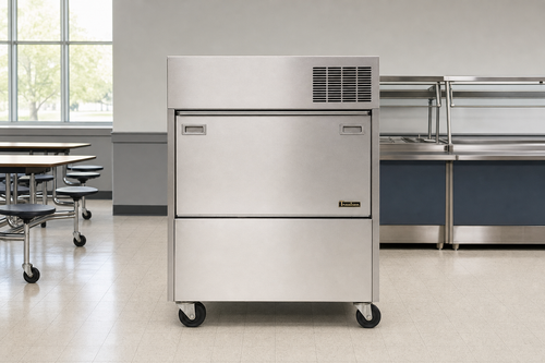 Reference-based visualization of a Traulsen RMC34D4 milk cooler in a bright school cafeteria