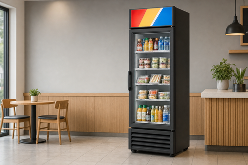 Reference-based True GDM-23-HC~TSL01 single-door merchandiser in a bright cafe