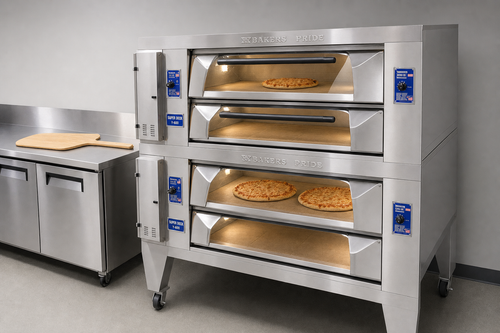Two stacked Bakers Pride Super Deck Series Y-600 gas pizza deck ovens in a commercial pizzeria kitchen