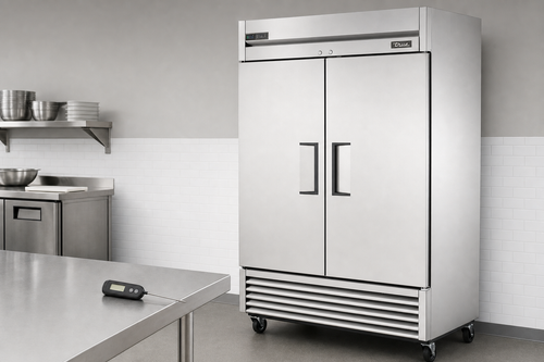 True T-49-HC two-section reach-in refrigerator in a bright commercial kitchen with a digital probe thermometer