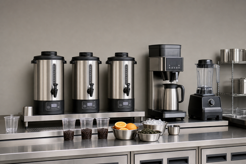 Modern bubble tea shop back-counter workstation with commercial hot water dispenser, tea brewer, and bar blender