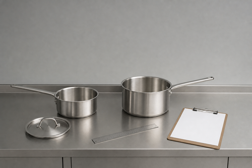 Saucepans, ruler, and planning clipboard on a stainless workbench