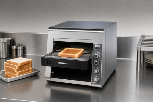 Star QCS2-500 stainless commercial conveyor toaster on a diner countertop with golden toast emerging