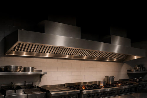 Stainless steel Type 1 commercial kitchen wall canopy exhaust hood installed above a cooking line with grease baffle filters