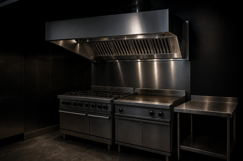 Commercial Type I stainless-steel exhaust hood over a restaurant cook line with range and griddle