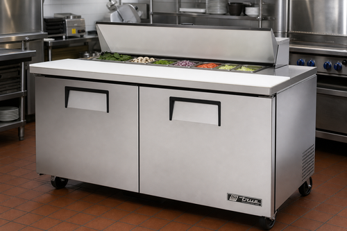 True TSSU-60-12-HC 60-inch sandwich prep table with 12-pan rail and two stainless steel doors