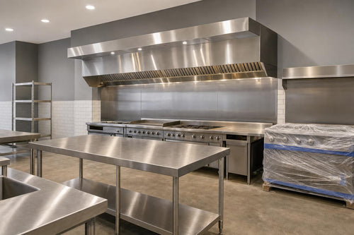 Commercial restaurant kitchen mid-remodel with stainless prep tables and cook line hood