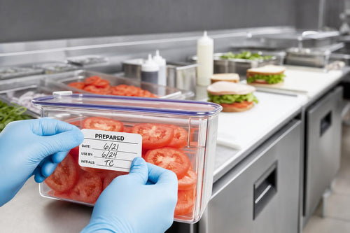 Kitchen worker applying a date-marking label to a food storage container on a stainless prep line